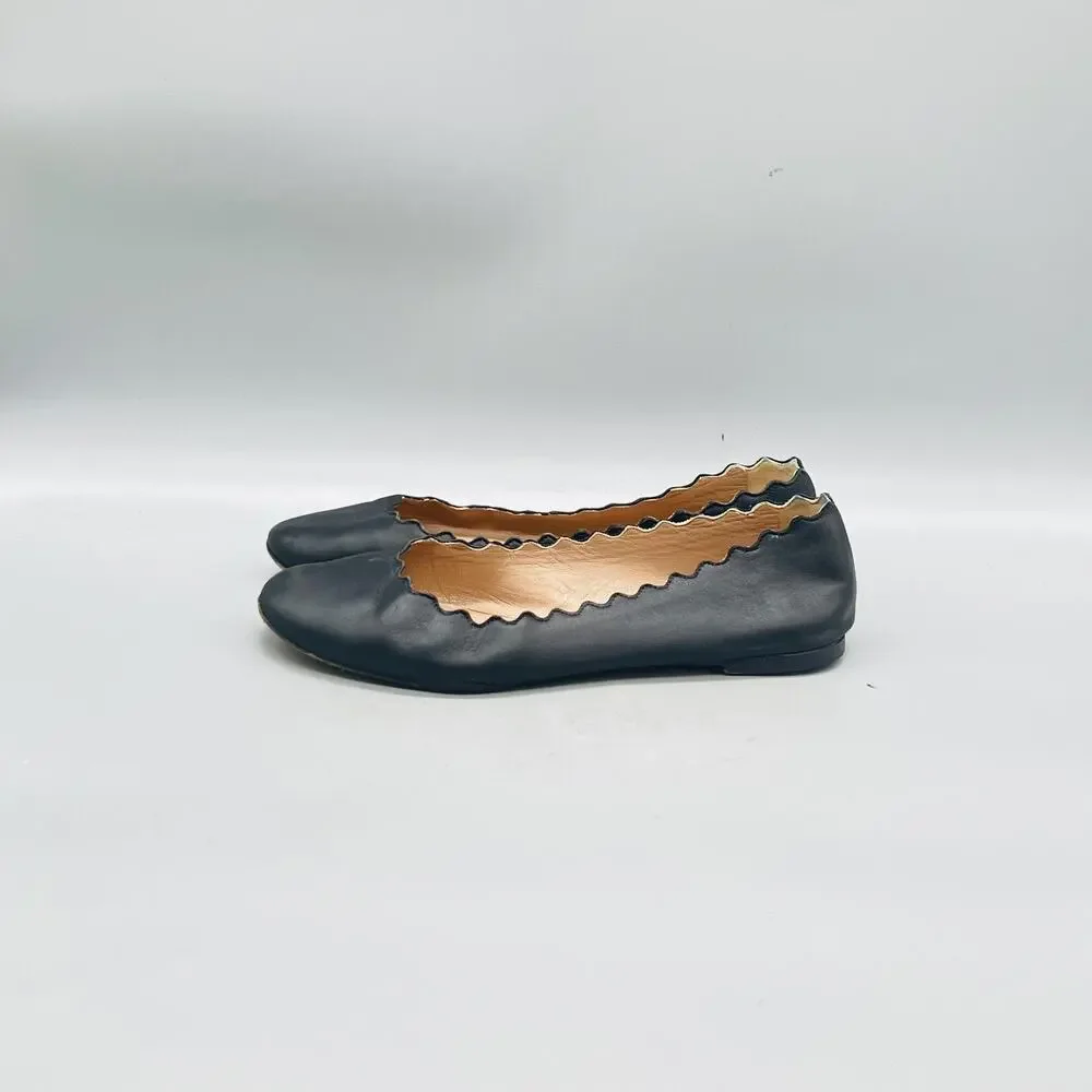 Chloe Shoes Womens 7 Black Leather Lauren Ballet Flats Scalloped Slip On Comfort